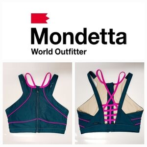 Mondetta Teal & Hot Punk Front Zip Strappy Sports Bra Sz Small
